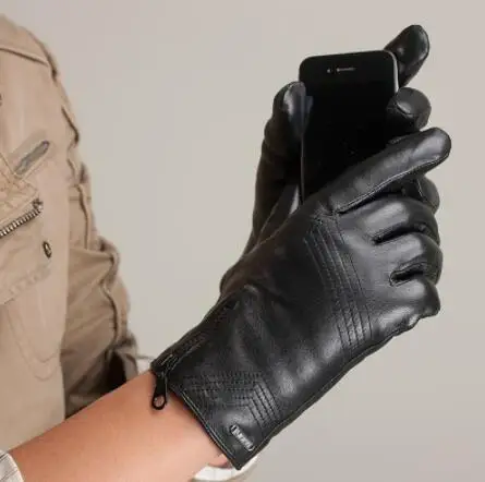 Мужские кожаные перчатки на запястье, прочные Мужские кожаные перчатки, модные мужские перчатки из овчины для вождения, зимние теплые перчатки, варежки - Цвет: black