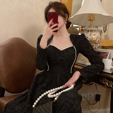 

2021 NewAutumn French Black Vintage Dresses Women Evening Party Dress Korean Fashion Long Sleeve Elegant Dress Retro Design