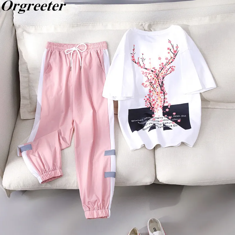 Personality Sports Tracksuit Women's 2 piece Sets Female New Flower Letter Print Tshirts and Hit colors Elastic Waist Pants Set |