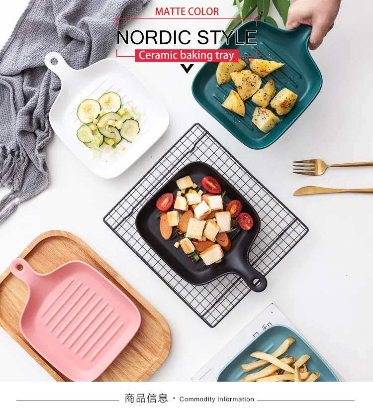 Pedicle-Style Scandinavian Plate loftex dai Handle Ceramic Ovenware Household Bakery Breakfast se you pan Japanese Style Tablewa