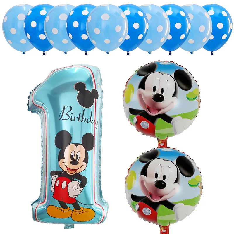 thumbnail image 1 of Juego de globos con números para tarta de primer cumpleaños de niños con temática de Mickey Mouse de Disney, suministros de decoración para fiesta de cumpleaños de Minnie y Mickey, 1 of 5