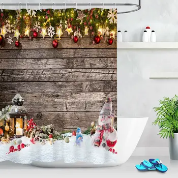 

Rustic Wood New Year Decor Shower Curtain Christmas Balls Stars Cute Snowman