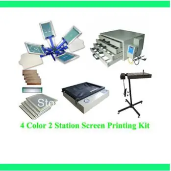 Best Free Shipping Discount Full Set 4 Color 2 Station T-shirt Screen Printing Kit Press Printer Machine Flash Dryer Expsoure