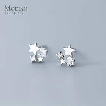 

Modian New 100% Real 925 Stelring Silver Charm Stars Clear Zircon Stud Earrings Pin For Women 925 Sterling Silver Jewelry Gift