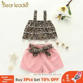 

Bear Leader Girl's Clothes New Summer Children Bow Sling T-shirt Short Pants Sets Leopard Print Kids Sleeveless Clothing Sets