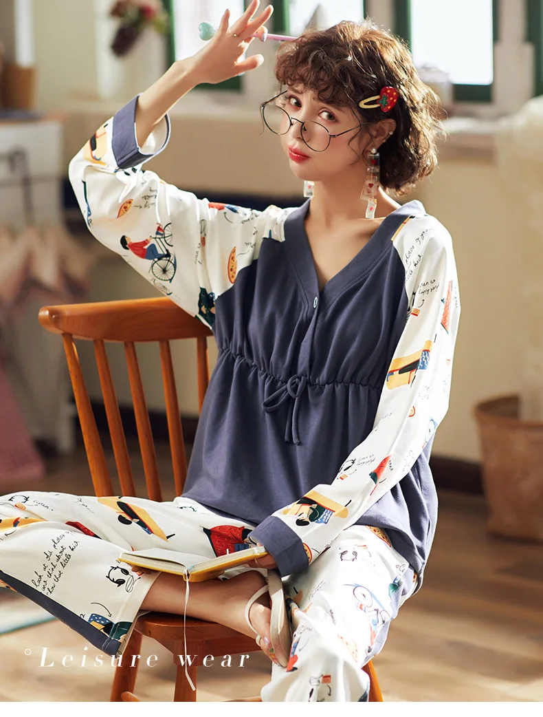 Pajamas Women's Spring And Autumn Pure Cotton Long Sleeve Trousers Crew Neck Women's Casual Nursing Home Wear Two-Piece Set