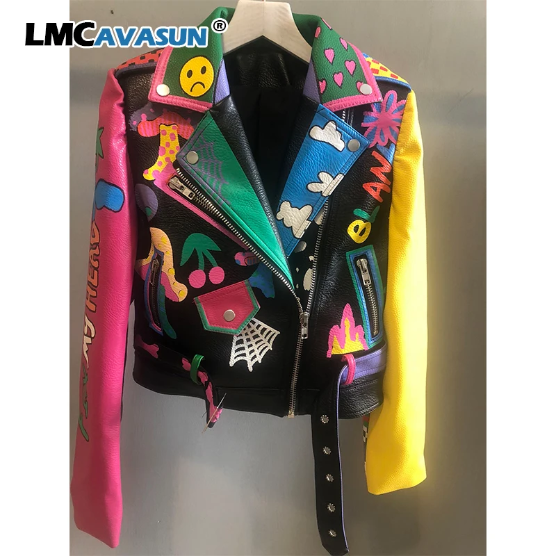 

LMC New Crazy style Graffiti Pattern PU Leather for Women Jacket With a Belt and Zippers Woman Motorcycle Short Leather Outwear