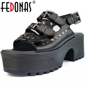 

FEDONAS Retro Metal Decoration Women Sandals Genuien Leather Platforms Thick Heels Pumps 2020 Summer Dancing Party Shoes Woman