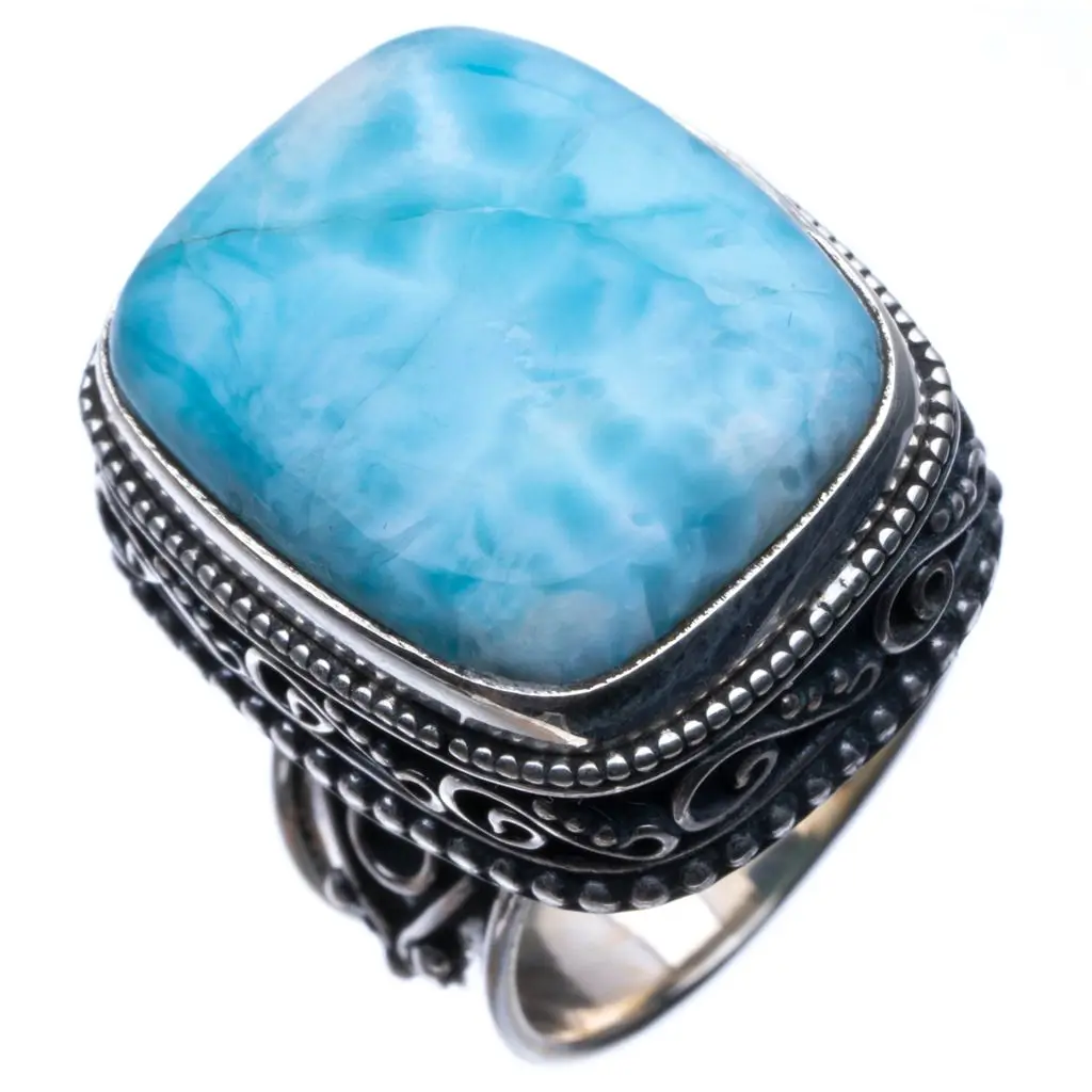 Натуральное Caribbean Larimar винтажное 925 пробы Серебряное кольцо, размер США 6,75 R3379
