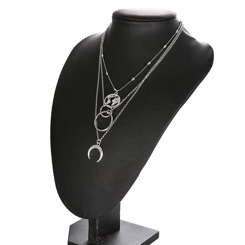 New Fashion Retro Moon World Map Circle Pendant Multilayer Gold Colodr Necklace Party Charm Jewelry Accessories For Women