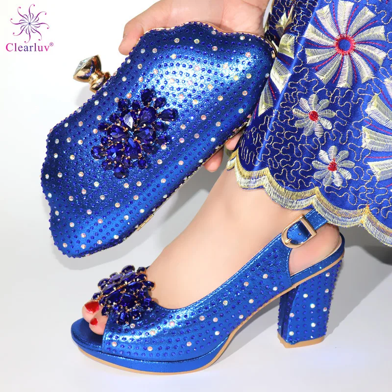 

Blue Color Nigerian Wedding Square Evening African Bag matching Crystal Shoe Italian Style High Heels Shoe And Bag Set For Party
