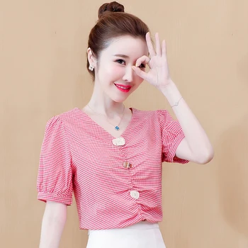 

COIGARSAM Plaid blouse women New Summer Short Sleeve Chiffon Lace blusas womens tops and blouses Pink Blue 8767
