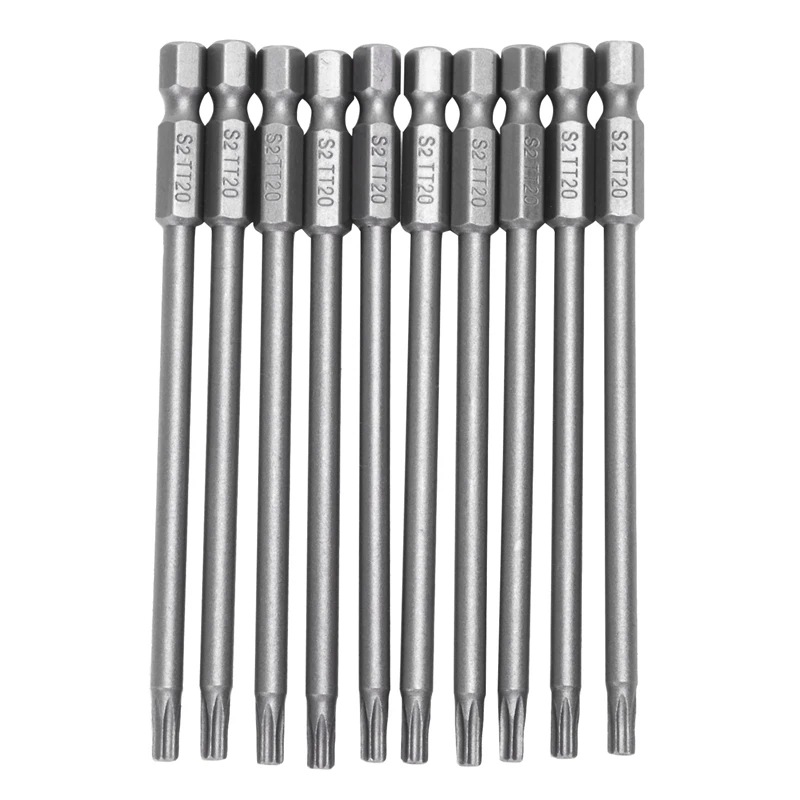 

10pcs 100mm Length 1/4 inch Hex Shank T20 Torx Security Screwdriver Bits, Silver Gray