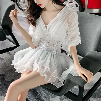 

2020 Women Tops Summer Long Sexy Transparent Shirts White Hollow Out Lace Up Ruffle Top Tunic Shirt Ladies Chic Blusas Tops Tees