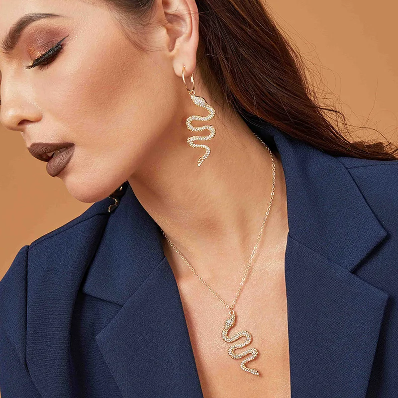 

SZ0415 Cross-Border Europe Ornament Creative Fashion Snake Necklace Personality Metal Snake Diamond Earring Set
