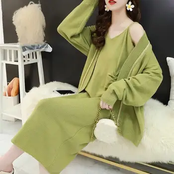 

High Quality Winter Women Casual Two Piece Sets Long Sleeve Cardigan And Suspenders Dress Suits