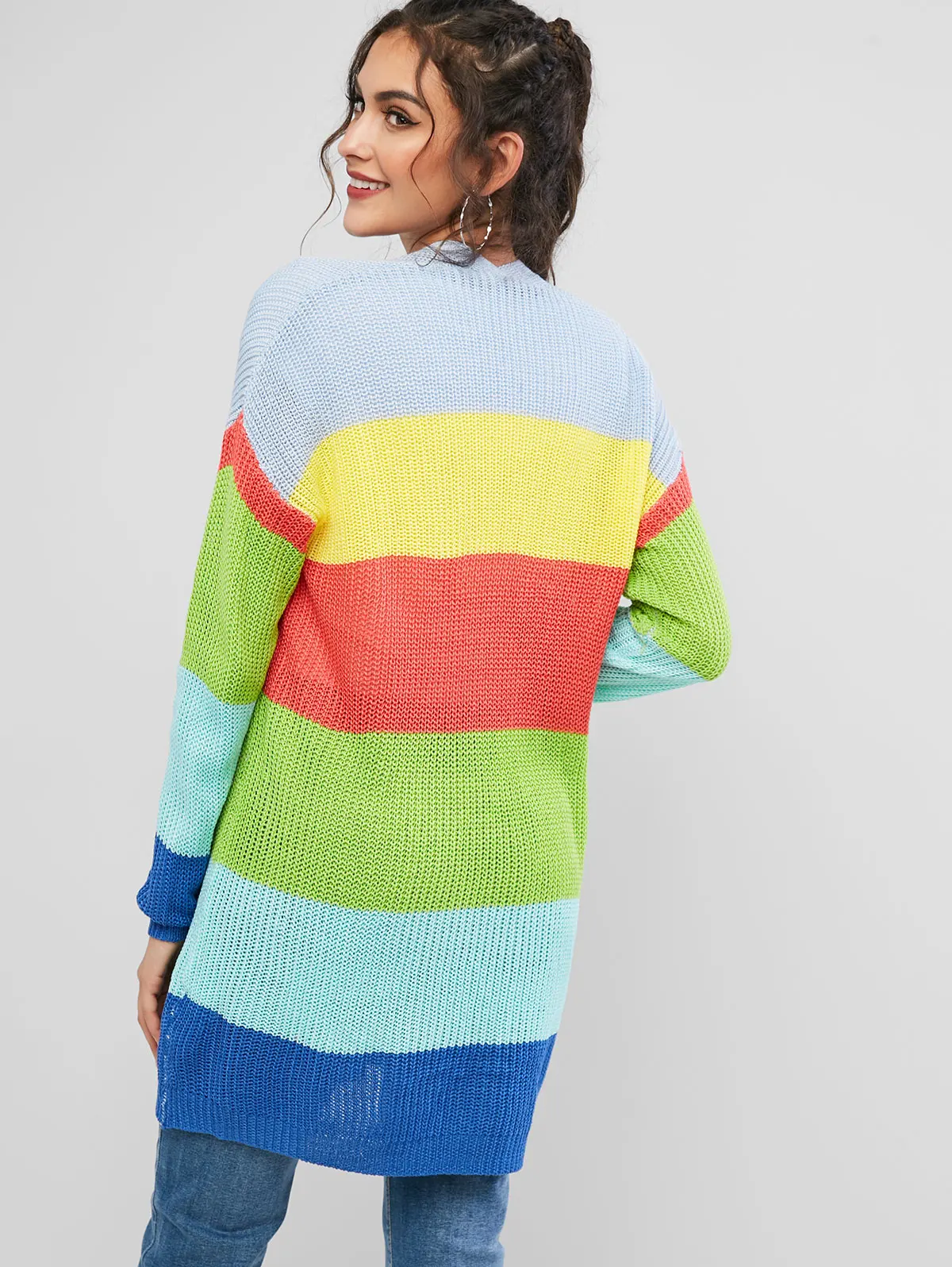 ZAFUL, открытый перед, цветной, в полоску, кардиган, пэчворк, в полоску, для женщин, без воротника, с карманами, длинные свитера, кардиганы, осень, новинка