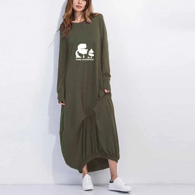 

Vintage Batwing Cotton Maxi Dress Women Loose Kawaii Karl Lagerfeld Printed Beach Long Dresses Autumn Big Size Dress 5XL Vestido