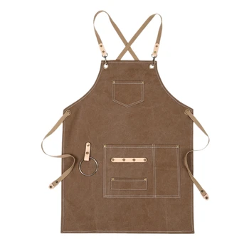 

BBQ Canvas Apron Bib Chef Kitchen Apron for Women Men Barista Bartender Pockets Home Barber Cook Coffee Restaurant-Khaki