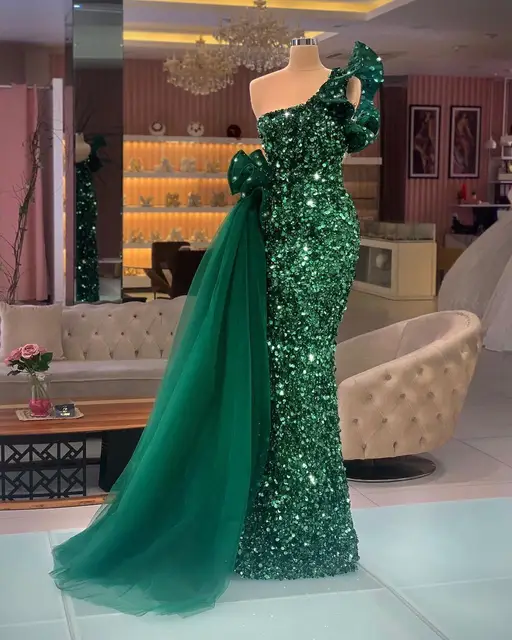 Dark Green Mermaid Evening Dresses One Shoulder Luxury Sequins Velvet Floor Length Prom Dress Pageant Gown Custom Made Dark Green