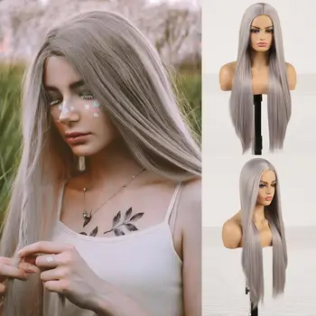 

RONGDUOYI Long High Temperature Hair Synthetic Wig Full Machine Made Gray Wigs for Black Women Silky Straight Cosplay Wig