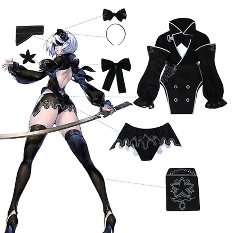 NieR 2B Cosplay Costume Game Reincarnation Sexy Women Black Outfits Halloween Top Skirt Full Set |