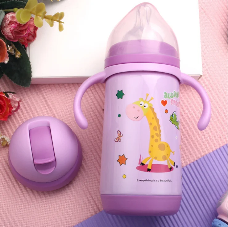 Bpa-free 300 мл детская питьевая 304 соломка из нержавеющей стали термос чашка переносная веревка Мини-термос мультфильм бутылка для воды и чая - Цвет: Фиолетовый