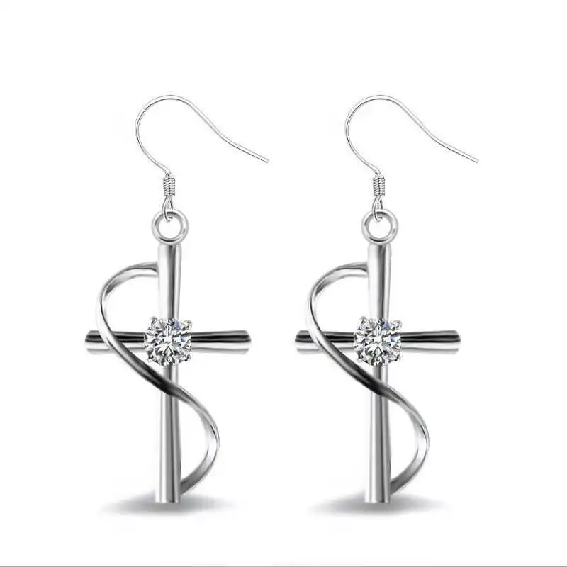 

Faith Cross God Silver Color White Ear Hook Drop Dangle Earrings Jewelry for Women