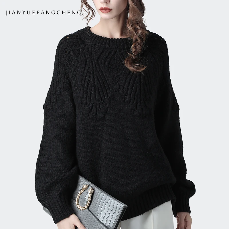 Повседневный женский черный вязаный свитер грубой линии размера плюс, теплый утолщенный женский зимний свитер 2019, новые шерстяные свитера