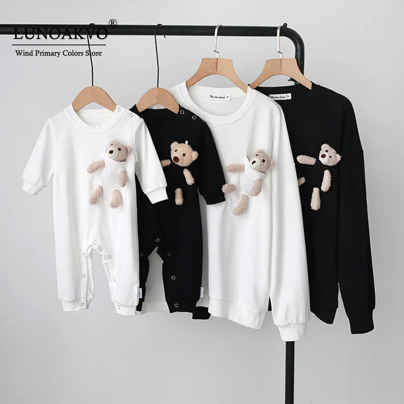 

Family Matching Clothes Long Sleeve Sweater Clothing Pocket Bear Mom And Daughter Outfit Baby Cotton Jumpsuit Family Outsuit