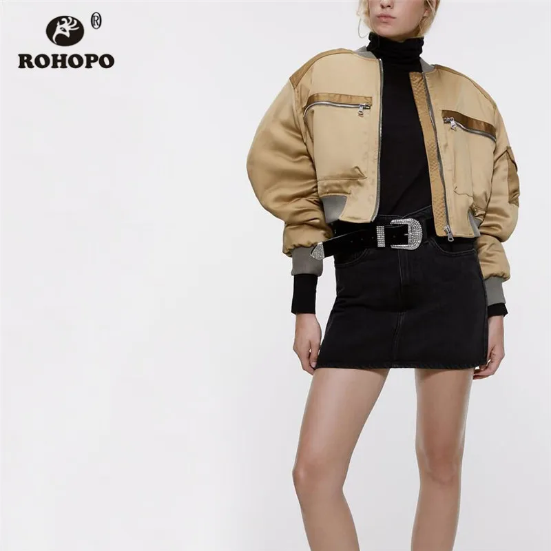

ROHOPO Round Collar Front Zipper Closure Pockets Stain Bomber Jakcet Sleeve Flaps Pocket Female Autumn Motor Outwear #6204