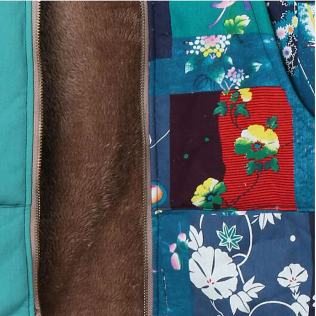 Female Jacket Plush Coat Womens Windbreaker Winter Warm Outwear Print Hooded Pockets Vintage Oversize Coats Plus Size L-5XL