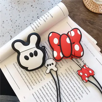 

Cute Cartoon Mickey Silicone Case for Apple Airpods 1 2 Case Bluetooth Earphone Protective 3D Bow palm Box Cover With Hand strap