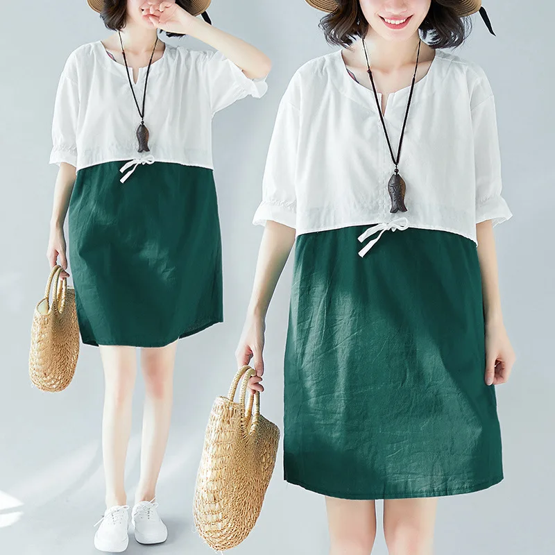 

Photo Shoot V-neck Short Sleeve Joint Ramie Dress Women's 2018 New Style Skirt Yg1299