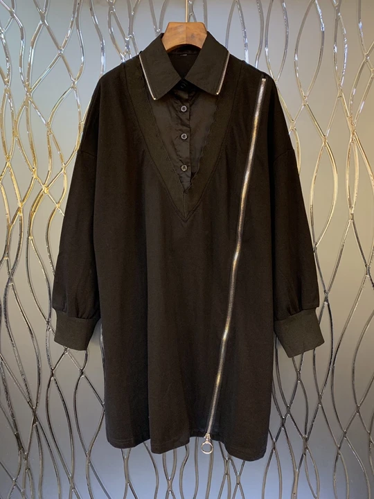 

2019 Early Autumn New Female Turn-collar Button Decoration Sloping Zipper Stitching Long Sleeve Fake Two Dresses 911