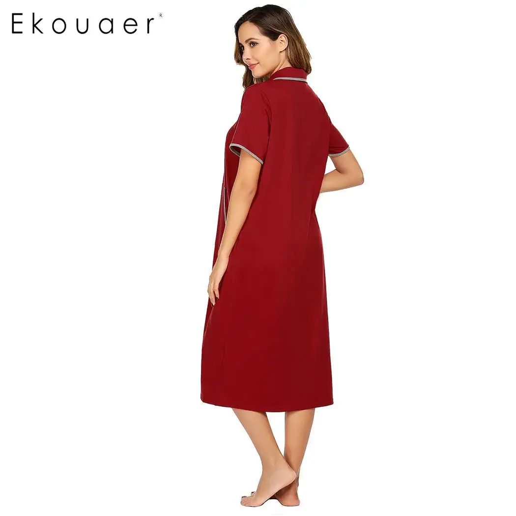 Ekouaer длинная ночная рубашка Loungewear женский воротник с коротким рукавом и молнией карман свободная одежда для сна ночнушка