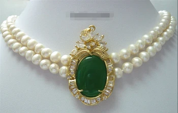 

Hot sale Free Shipping>>>>>2 Rows Real White Pearl Emerald Green Jade 18KGP Crystal Pendant Necklace