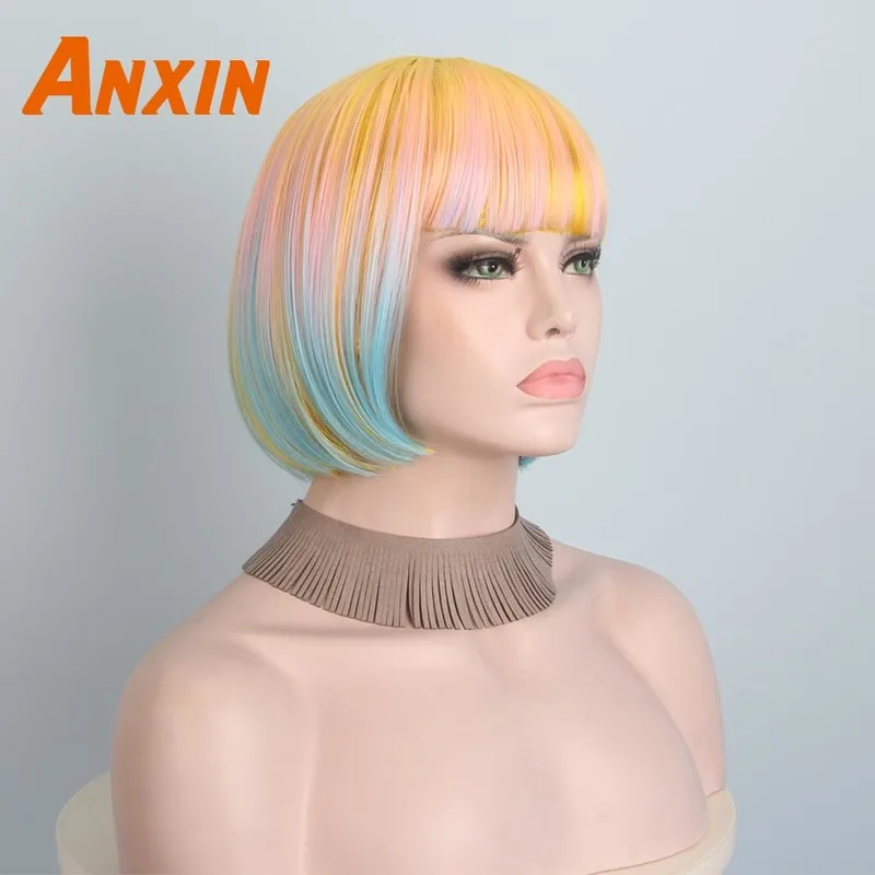Anxin Милая Омбре короткий розовый боб парик конфетных цветов вечерние аниме