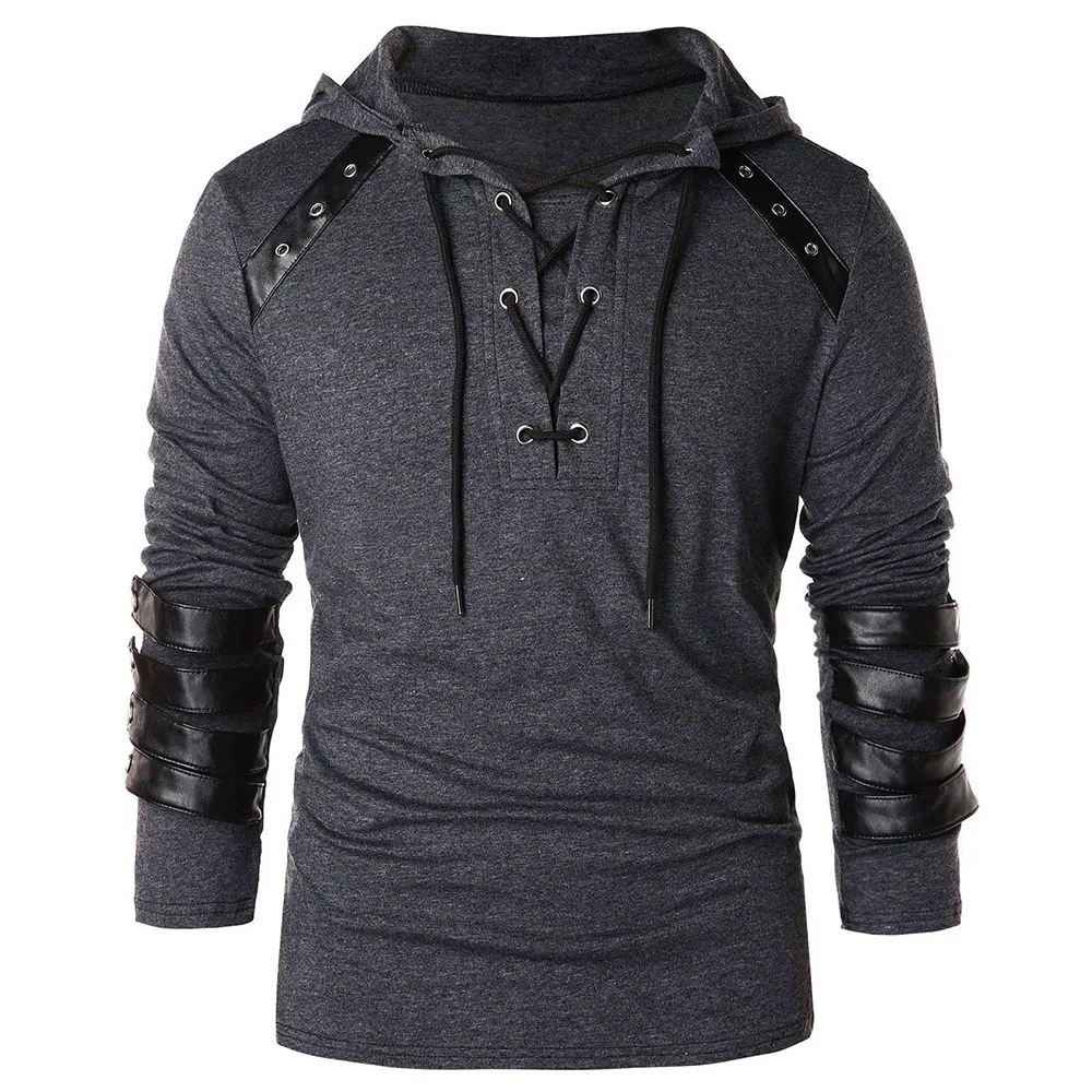 Men Hoodie Plus Size Punk Pu Leather Long Sleeve Lace Up Black Blue Streetwear Gothic Casual Hooded Sweatshirt 2020 Spring Tops