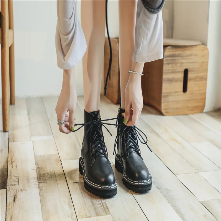 

YMECHIC 2019 Autumn Sewing Side Zip Lace Up Design Chunky Heel Motorcycle Biker Boots Women Black Gothic Ankle Boot Punk Shoes