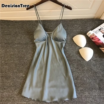 

2020 women sleepwear silk nighty nightdress sexy lingerie nightgown lady off shoulder nightwear female night home with false
