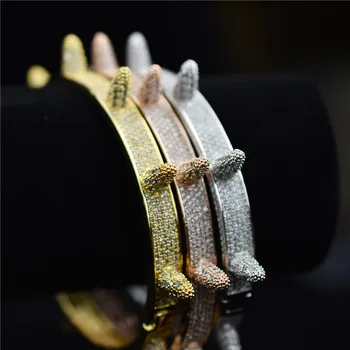 

Hip Hop Luxury Iced Out Bling Cubic Zirconia Hip Hop Rose Gold Silver Color Rivet Bracelets Spike Bangles Gifts for Men Women
