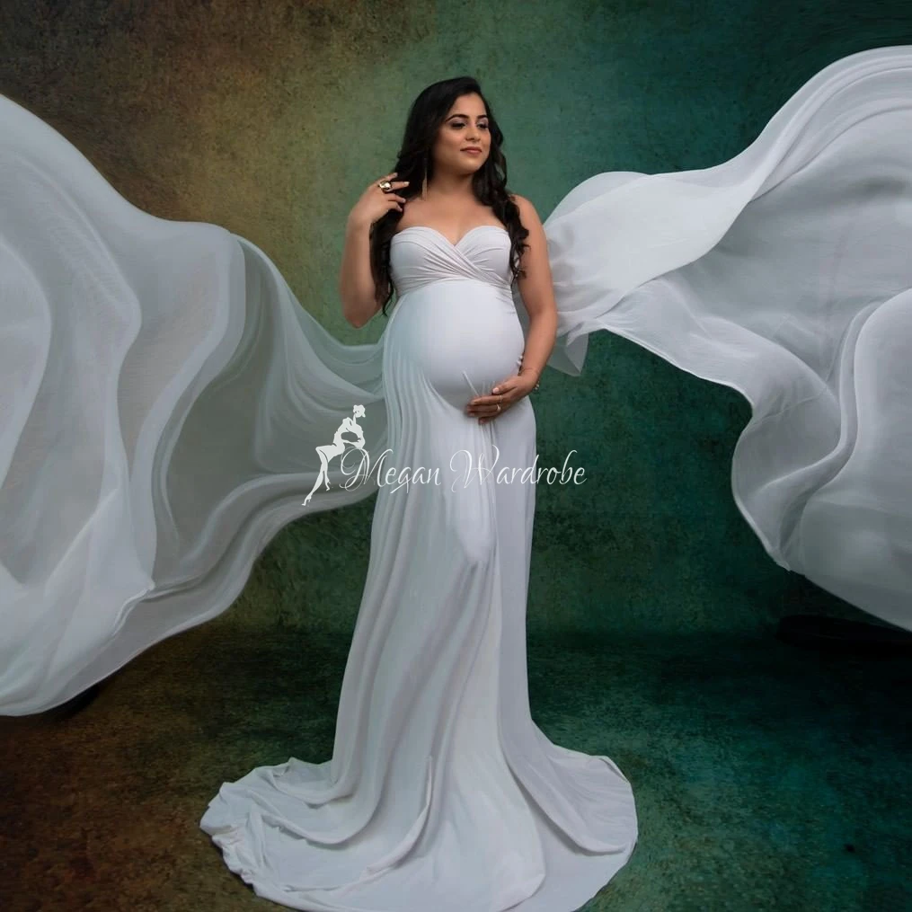 

Bridal White Spandex Mermaid Maternity Women Dresses For Photography Strapless Long Stretchy Party Dress Baby Shower Days Wear