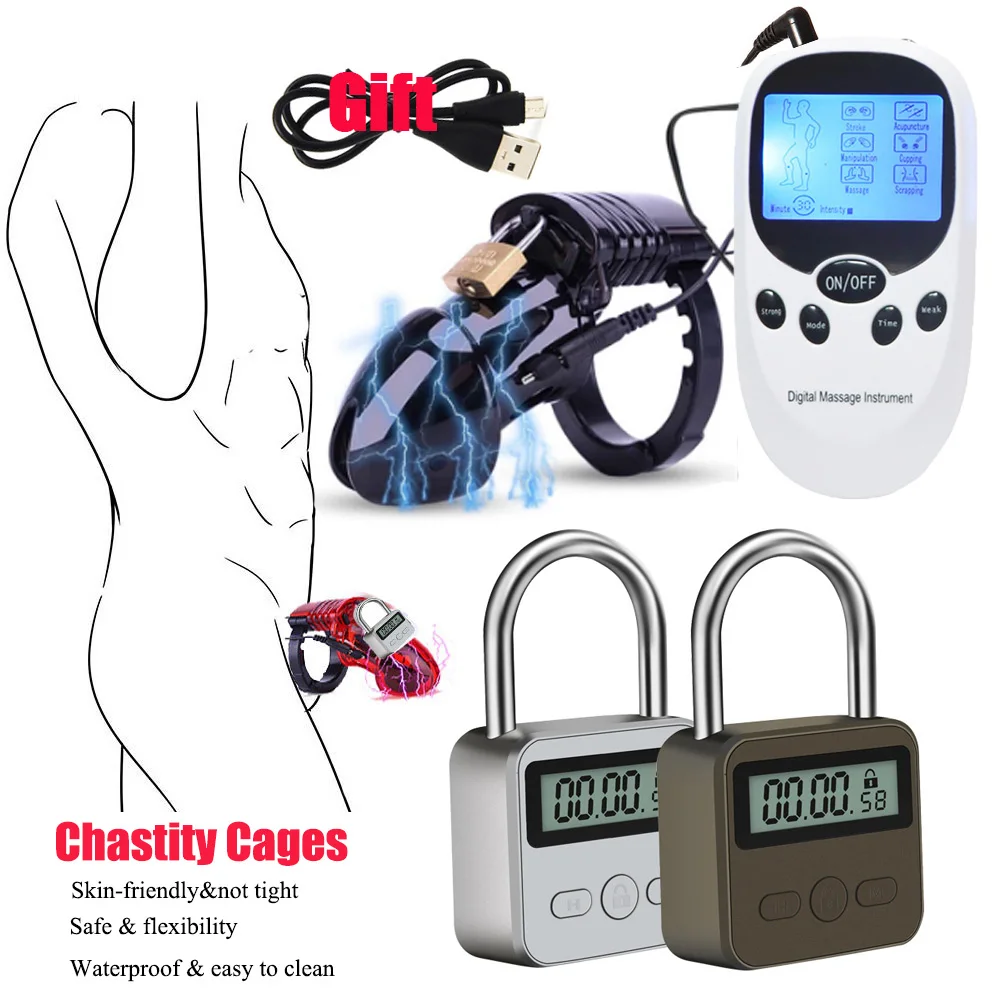 

Electric Shock CB6000 Cock Cage Sex Ball Stretcher SM Bondage Timer Lock Chastity Belt Penis Ring Male Electro Stimulate Sex Toy