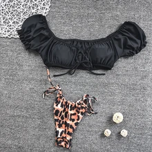 Бикини Mujer, низкая талия, черный купальник, женский сексуальный купальник с коротким рукавом, леопардовые мини-стринги, бикини, пляжная одежда
