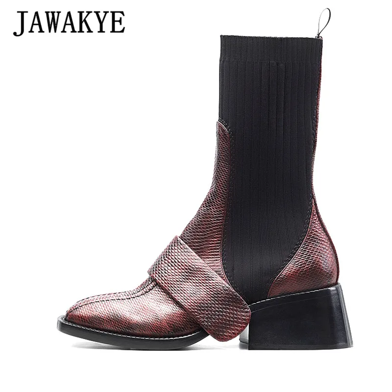 JAWAKYE British style Leather Sock Ankle Boots Women square toe Chunky Kitten High heels Knitted Runway Shoes botas cowboy mujer