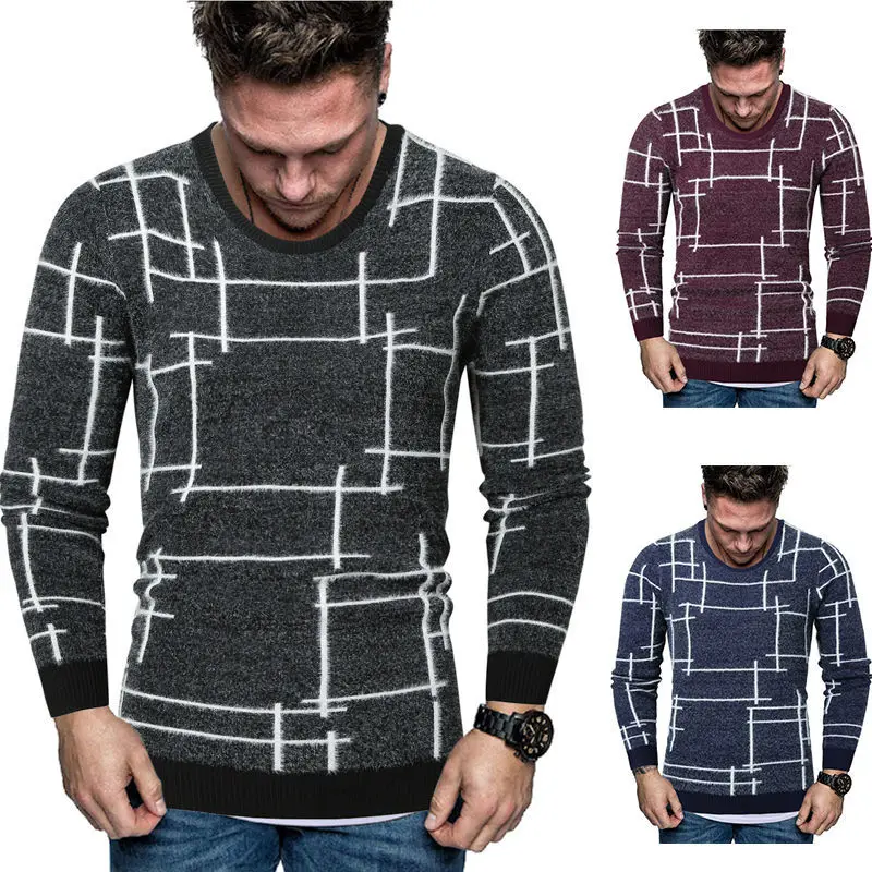 Autumn Winter Mens Sweaters Line Stitching Crew Neck Mens Pullover Sweaters Fashion Slim Males Casual Sweaters