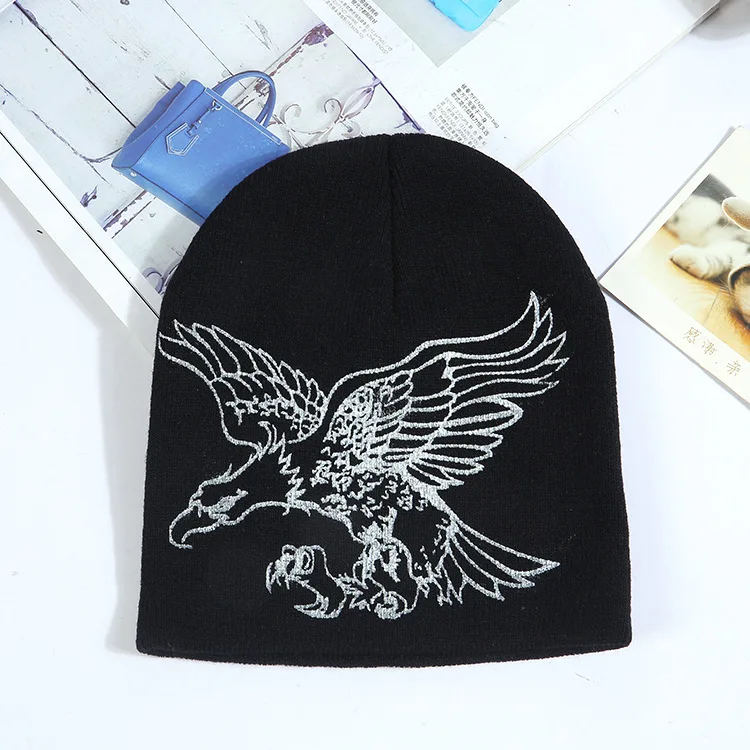 

Black And White with Pattern Yarn Wire Screen Printed Lettered Knitted Hat Men's Europe And America Peas Hat Fashion