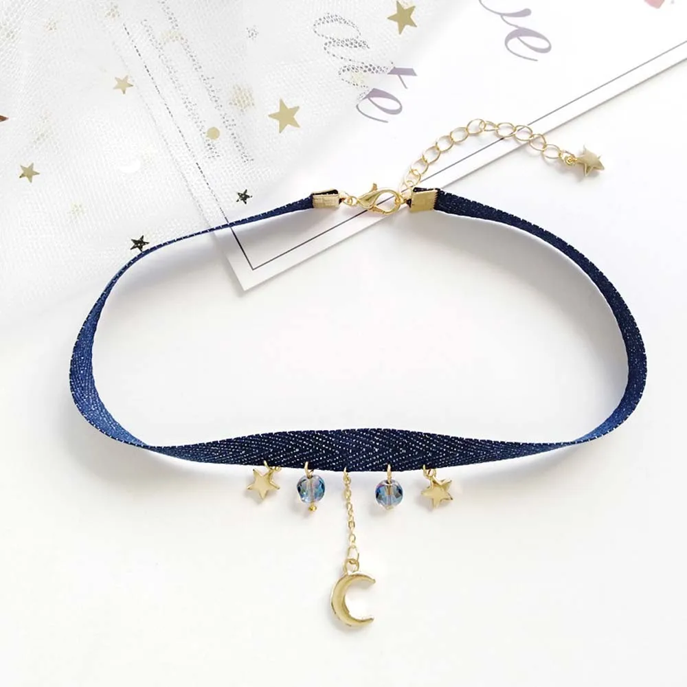 Moon blue 1 предмет Harajuku синий розовый цвет бархатной ленты Веревка цепочка для колье земля луна ожерелье с кулоном в виде звезды ювелирные изделия - Окраска металла: Moon blue