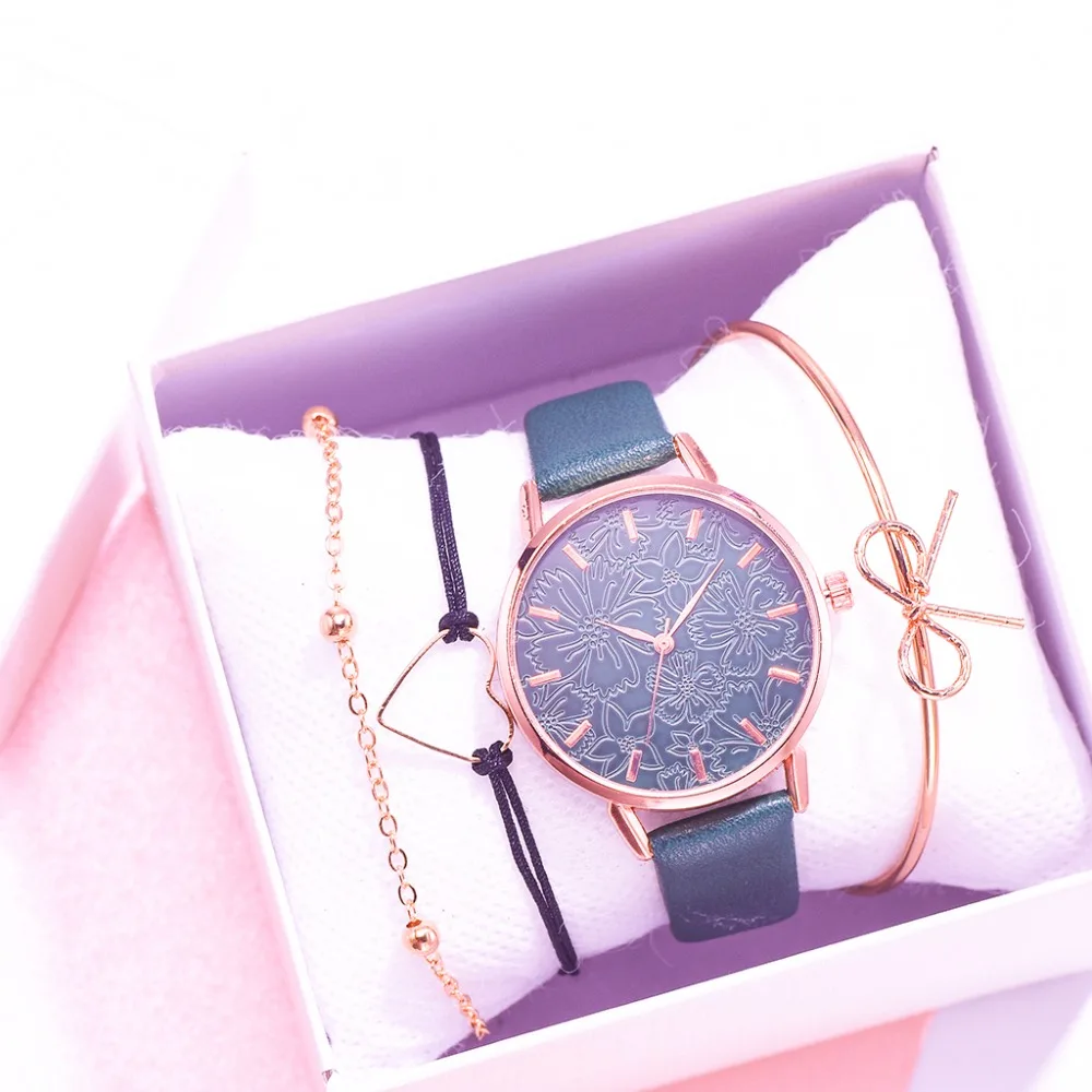 Новые женские часы 4 шт. Набор браслетов с принтом женские часы-браслет повседневные кожаные кварцевые наручные часы подарок Relogio Feminino